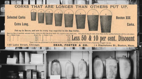 Vintage Dean, Foster & Co. Ad (ca. 1892): A vintage Dean, Foster & Co. Cork Ad from The Druggists Circular and Chemical Gazette