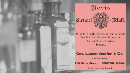 Vintage Geo. Lanzendoerfer & Co. Ad (ca. 1892): A vintage Geo. Lanzendoerfer & Co Noris Extract of Malt Ad from The Druggists Circular and Chemical Gazette