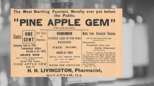 Vintage H. H. Livingston, Pharmacist Ad (ca. 1892): A vintage H. H. Livingston Pine Apple Gem Ad from The Druggists Circular and Chemical Gazette
