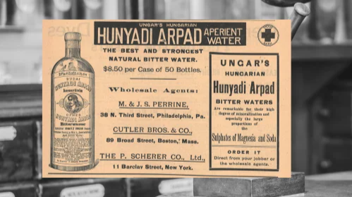 Vintage Hunyadi Arpad Ad (ca. 1892): A vintage Hunyadi Arpad Aperient Water Ad from The Druggists Circular and Chemical Gazette