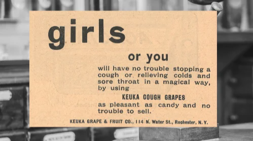 Vintage Keuka Grape & Fruit Co., Ad (ca. 1892): A vintage Keuka Grape & Fruit Co., Cough Grapes Ad from The Druggists Circular and Chemical Gazette