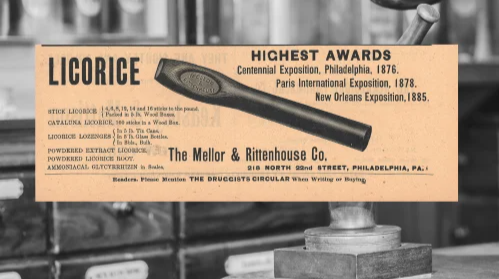 Vintage Licorice Ad (ca. 1892): A vintage Mellor & Rittenhouse Co. Licorice Ad from The Druggists Circular and Chemical Gazette