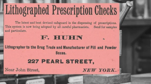 Vintage F. Huhn Ad (ca. 1892): A vintage F. Huhn Lithographed Prescription Checks Ad from The Druggists Circular and Chemical Gazette