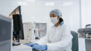 person in mask at computer