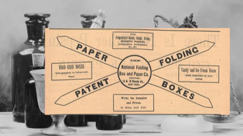 Vintage National Folding Box and Paper Co. (ca. 1892): A vintage National Folding Box and Paper Co. Ad from The Druggists Circular and Chemical Gazette