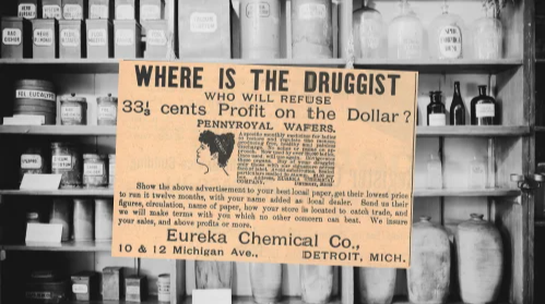 Vintage Eureka Chemical Co., Ad (ca. 1892): A vintage Eureka Chemical Co. Pennyroyal Wafers Ad from The Druggists Circular and Chemical Gazette