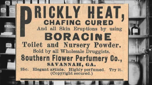 Vintage Southern Flower Perfumery Co., Ad (ca. 1892): A vintage Southern Flower Perfumery Co., Prickly Heat Ad from The Druggists Circular and Chemical Gazette