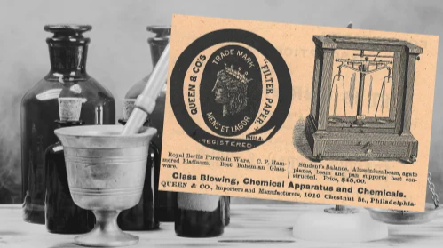 Vintage Queen & Co., Ad (ca. 1892): A vintage Queen & Co. Filter Paper & Students Balance Ad from The Druggists Circular and Chemical Gazette