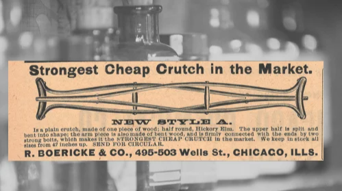 Vintage R. Boericke & Co., Ad (ca. 192): A vintage R. Boericke & Co., Crutch Ad from The Druggists Circular and Chemical Gazette