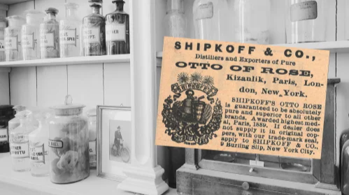 Vintage Shipkoff & Co., (ca. 1892): A vintage Shipkoff & Co. Otto Of Rose Ad from The Druggists Circular and Chemical Gazette