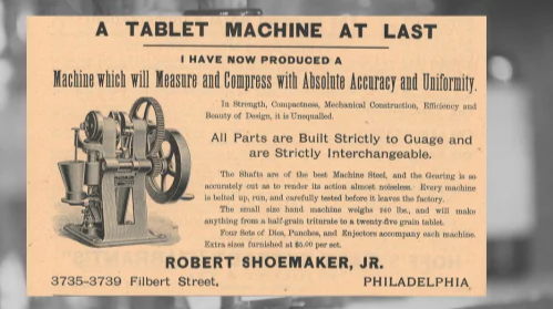 Vintage Robert Shoemaker, Jr. Ad (ca. 1892): A vintage Rober Shoemaker Jr. Tablet Machine Ad from The Druggists Circular and Chemical Gazette