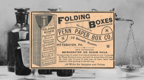Vintage Folding Boxes Ad (ca. 1892): A vintage Penn Paper Box Co. Ad from The Druggists Circular and Chemical Gazette