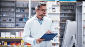 pharmacist holding clipboard looking at computer in pharmacy