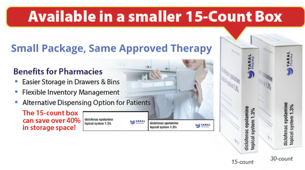Now Available: 15-Count Diclofenac Epolamine Topical System 1.3% (See USPI for Boxed Warning)